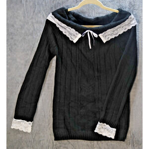 Black Knit Lace Trim Sweater Bow Detail Pullover Long Sleeve L Acrylic Cottageco